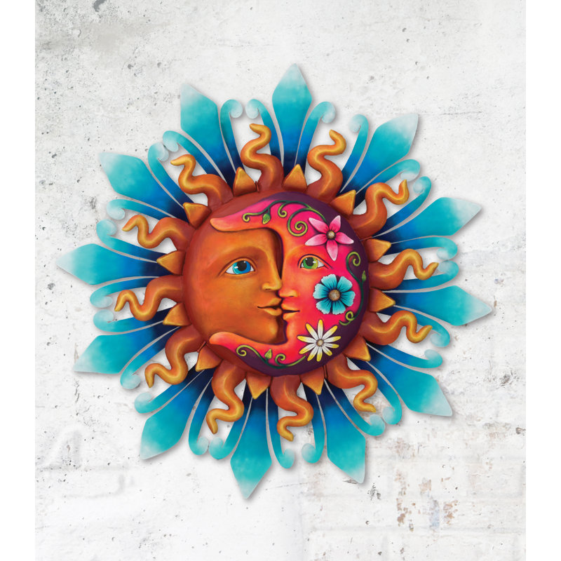 Décoration murale d'extérieur en métal 35 pouces avec finition multicolore résistante aux intempéries pour l'intérieur et l'extérieur - Sun Moon Hippe