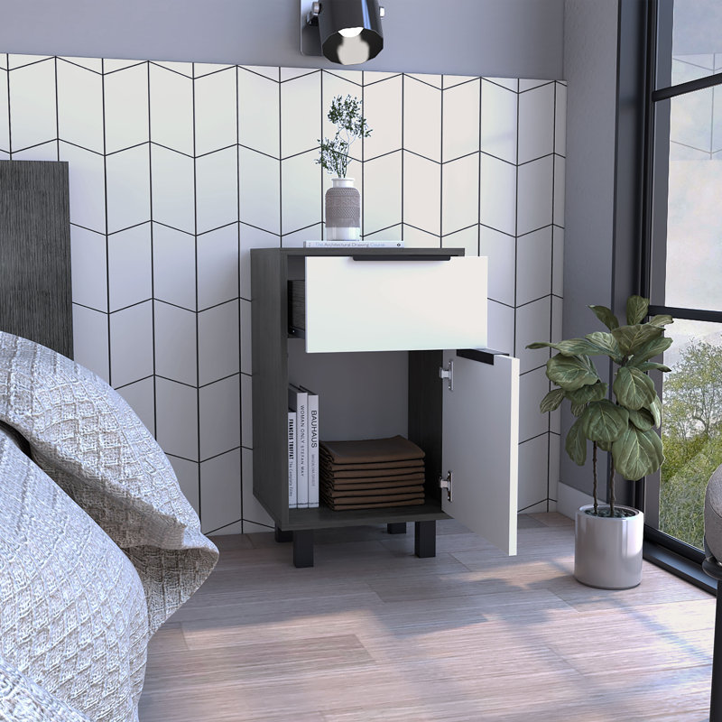 Kaia Z Nightstand with 1 Drawer and 1 Cabinet, Smokey Oak/White