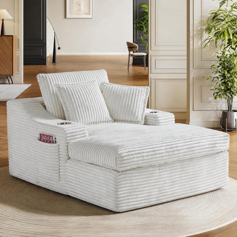  Très grande méridienne intérieure, canapé-lit rembourré 67 po avec porte-gobelets et 3 coussins, canapé-lit à dossier profond en velours côtelé désossé pour le salon, sans assemblage, chaise de lecture, blanc