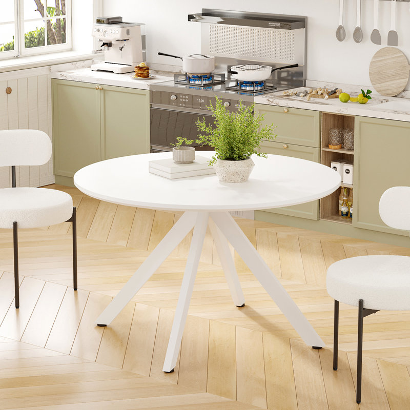 Saveta Round Metal Base Dining Table, 47.24" W x 47.24" L, White, White