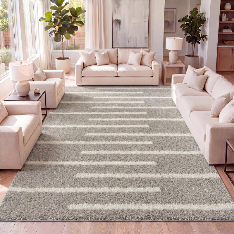 Colline Berber Stripe Shag Gray/Ivory Rug, Rectangle 5'1" x 8'