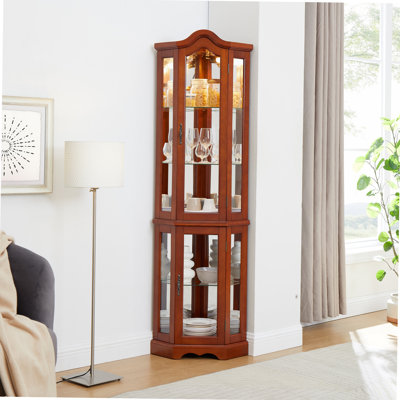 Armoire de coin avec lumières, tablettes en verre trempé, dos en miroir et vitrine