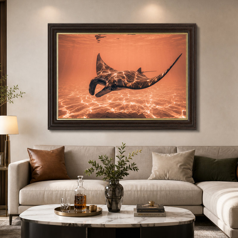 Orange Tinted Manta Ray Over Sandy Ocean Floor Canvas Wall Art, 12"H x 18"W