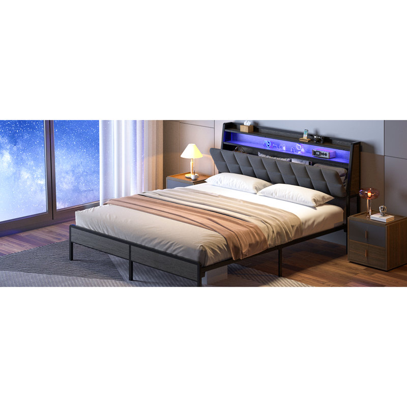 Structure de lit pour grand lit avec tête de lit ergonomique, 23 éclairages, charge et éclairage sous le rangement