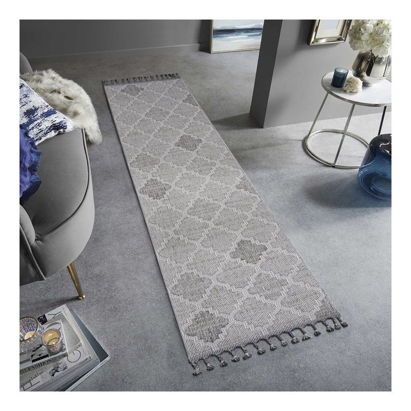 Tapis intérieur / extérieur blanc / gris / treillis Collection, Tapis de couloir 2 pi 2 po x 8 pi
