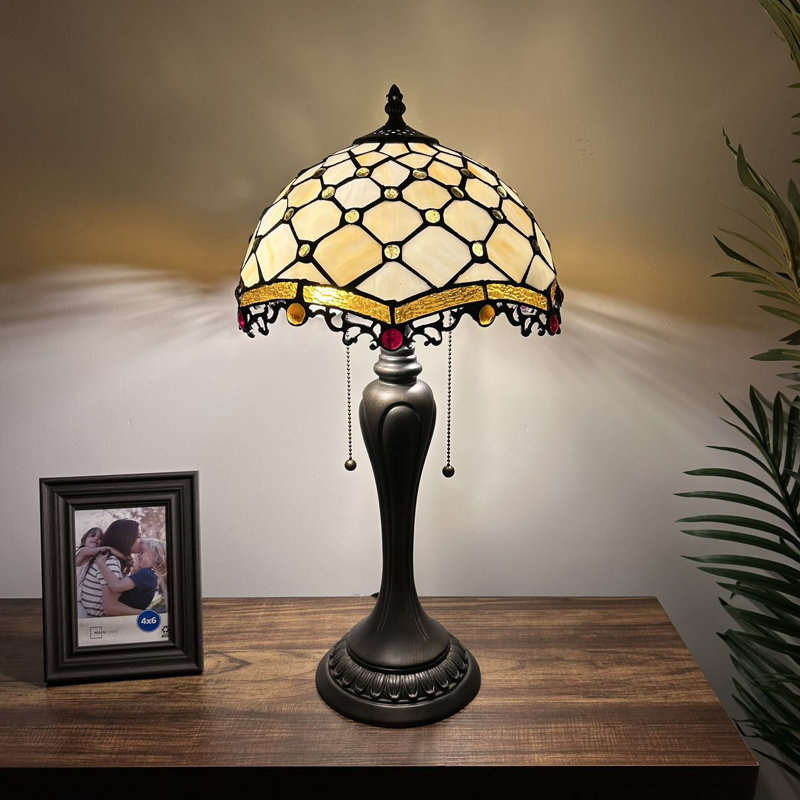 Focht Tiffany Table Lamp Beige Stained Glass LED Bulbs Pull Chain Switches 12"W*12"D*22"H