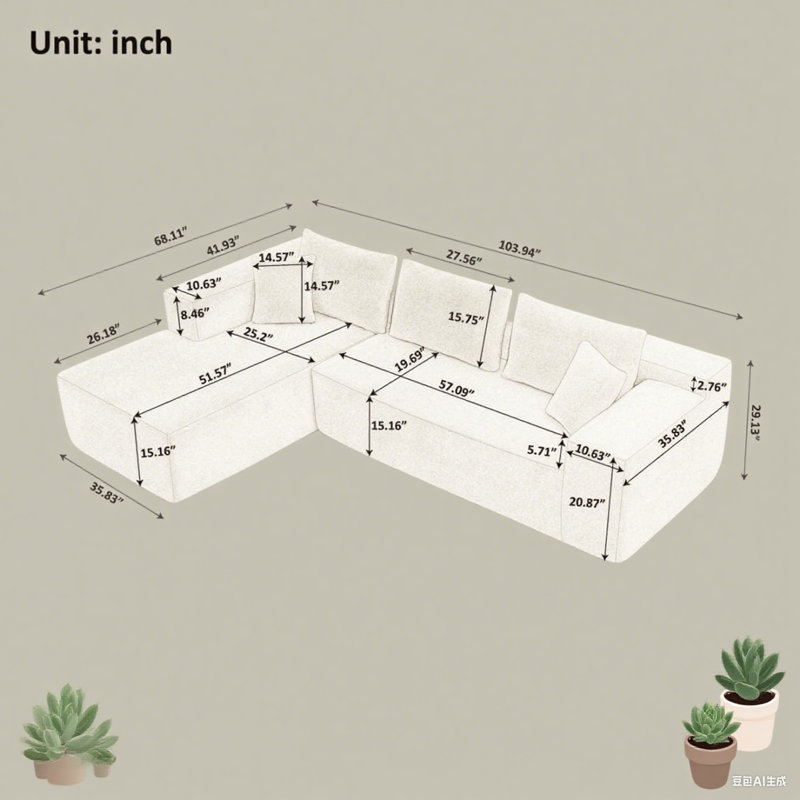 Canapé modulaire en L de 104 po avec méridienne modulaire en velours côtelé moelleux, assise profonde | Aucun assemblage requis, comprimé dans la boîte