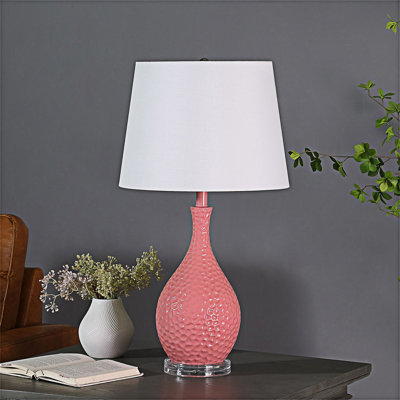 Lampe de table Mid-Century en résine avec motif caillou rose et abat-jour demi-tambour