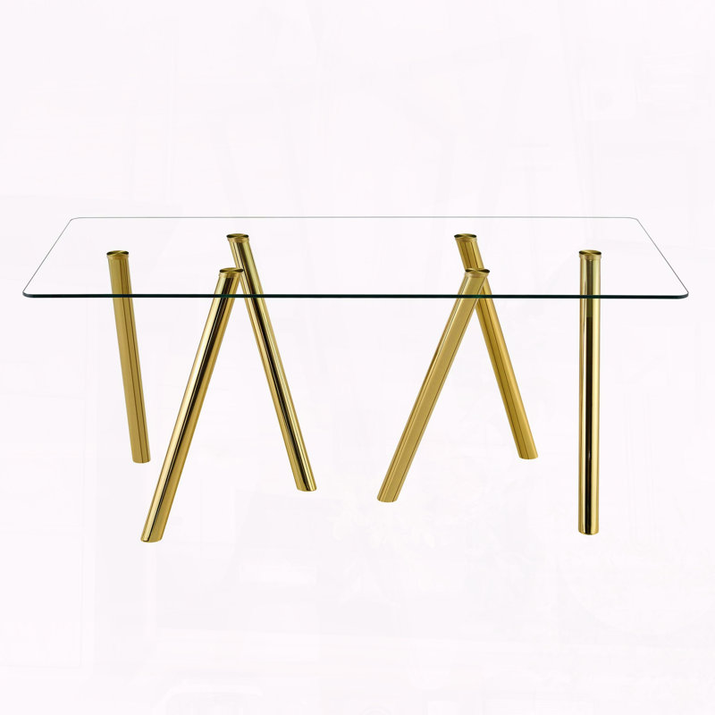 71" Rectangular Dining Table for 6-8 with Tempered Glass Top & Gold Metal Legs, Six Metal Legs, 30" H x 71" L x 35.50" W