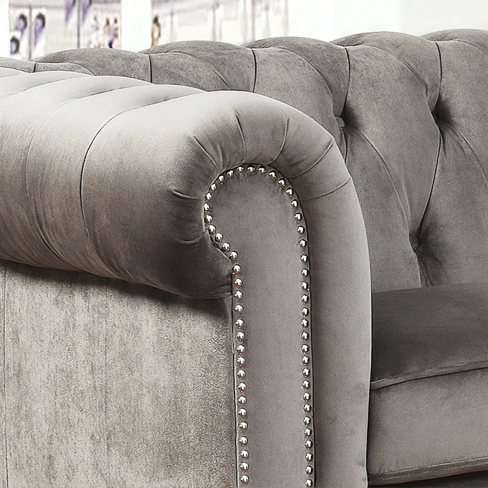 Ophelie Upholstered Chesterfield Chair, Smoke Grey Velvet