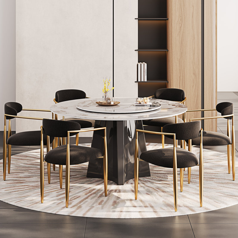 Ensemble de table de salle à manger avec plateau de table rond en faux marbre 51 po et 6 fauteuils de salle à manger en tissu