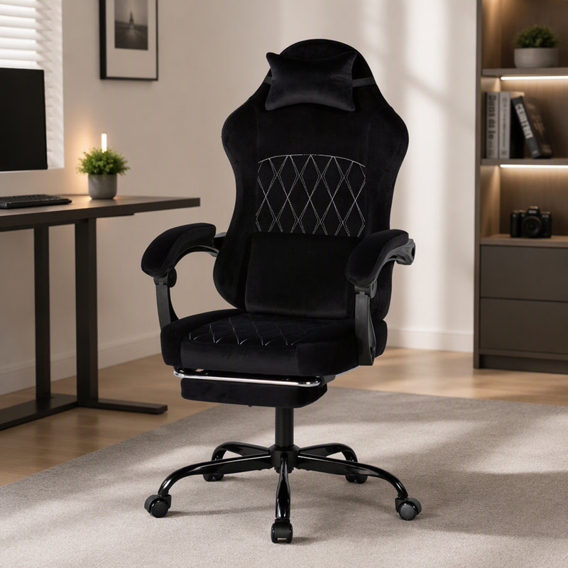 Fauteuil de jeu ergonomique avec support lombaire massant et appui-tête réglable, Noir, Noir