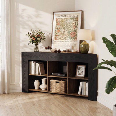 Meuble télé d'angle 59 po pour téléviseur de 65 po ou moins, console d'angle avec tablettes de rangement à 2 niveaux pour appartements
