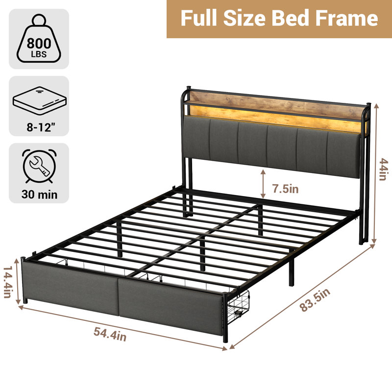 Bed Frame, Storage Headboard With Charging Station, Solid And Stable, Noise Free, No Box Spring Needed, Easy Assembly