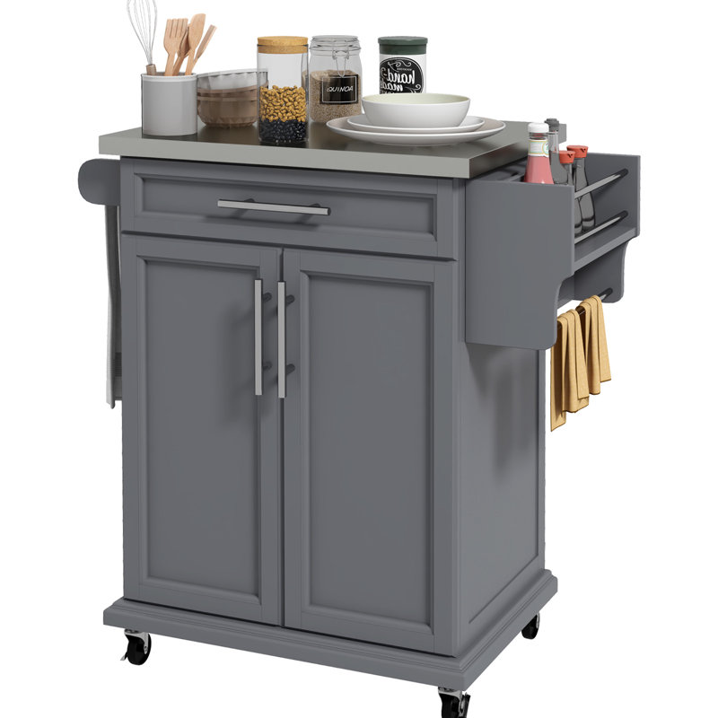 Kitchen Island Storage Trolley With Stainless Steel Counter, Drawer, Towel Rack, Spice Shelf In Gray Rolling Trolley, Countertop, Rack -