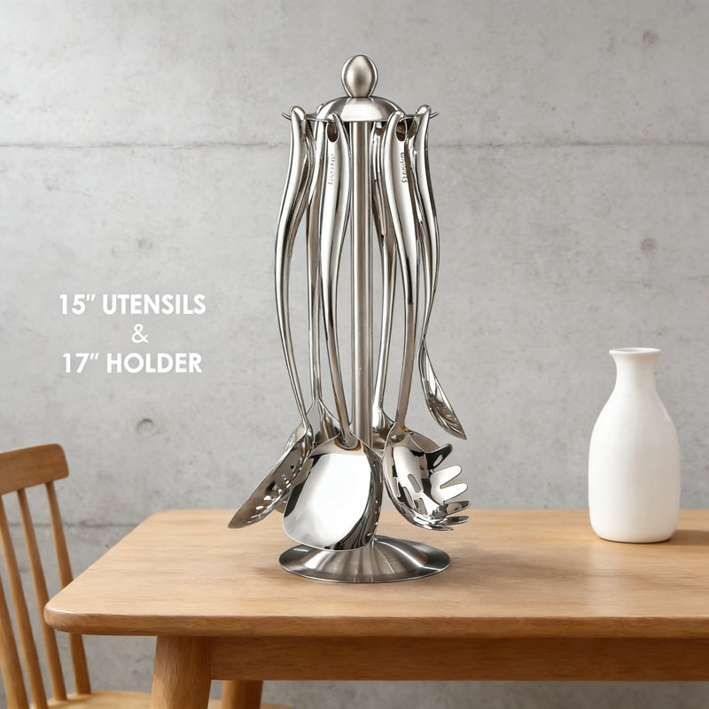 18/10 Stainless Steel 7-Piece Kitchen Utensil Set With Rotating Stand, All-Metal Cooking Tools Including Spatula, Ladle, Skimmer, Turner, Pasta Spoon, And Large Spoon