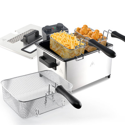 Friteuse de 5,3 pte avec panier, friteuse à huile électrique en acier inoxydable 1700 W avec contrôle de la température et du temps pour un usage domestique, 3 paniers de friture, couvercle avec fenêtre de vue et filtre sans odeur, acier inoxydable, va au lave-vaisselle