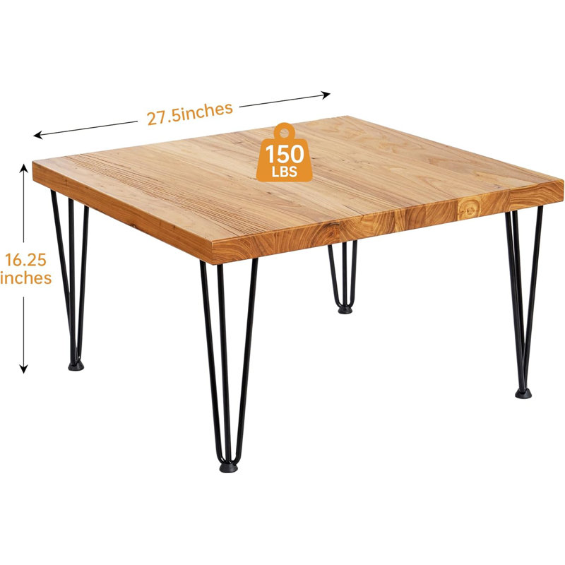 Rustic Elm Wood Square Coffee Table with Metal Hairpin Legs