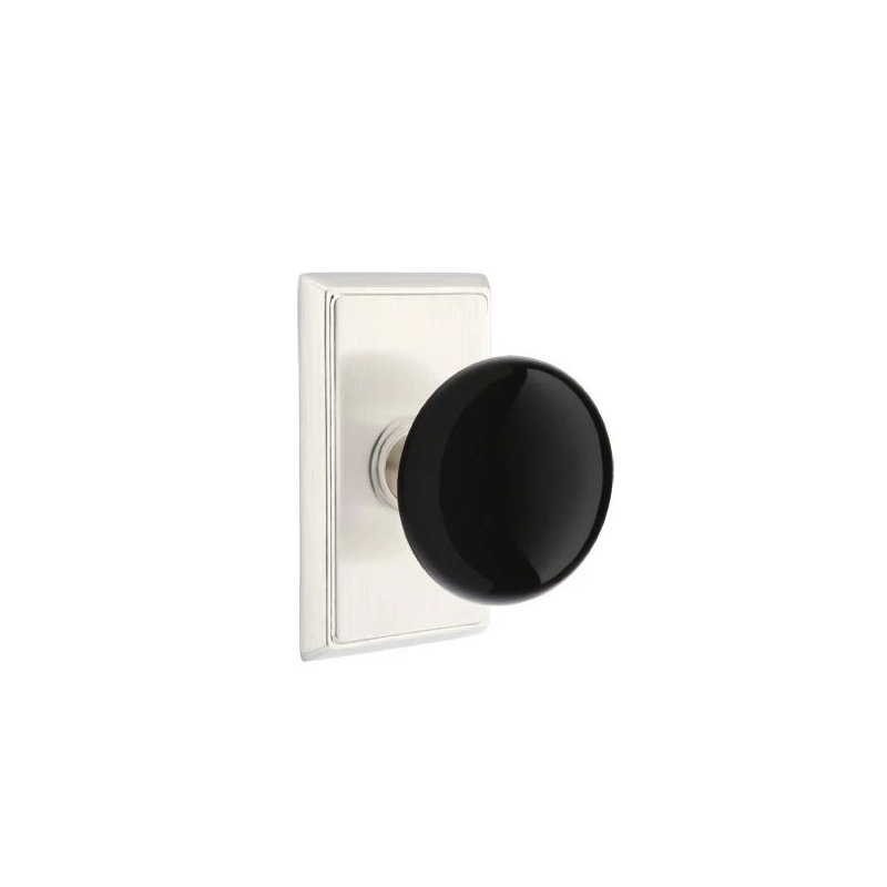 Emtek Passage Interior Mortise Set w/ Rectangular Rosette & Ebony Porcelain Knob (RH), Satin Nickel