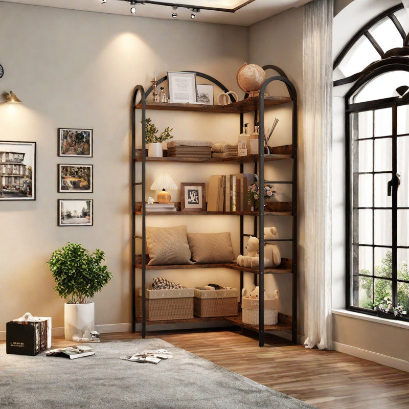 Industrial Corner Bookshelf - Arched L-Shaped Bookcase