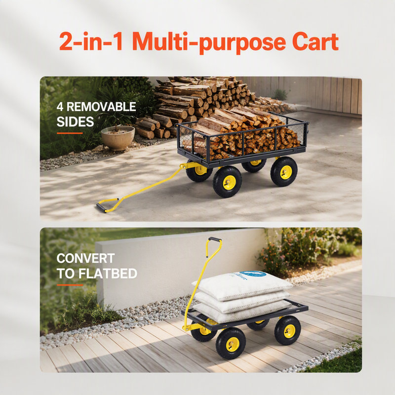 Chariot de jardin en acier robuste de 900 lb avec pneus de 10 pouces, côtés amovibles et poignée rotative à 180 ° pour une utilisation polyvalente à l'extérieur