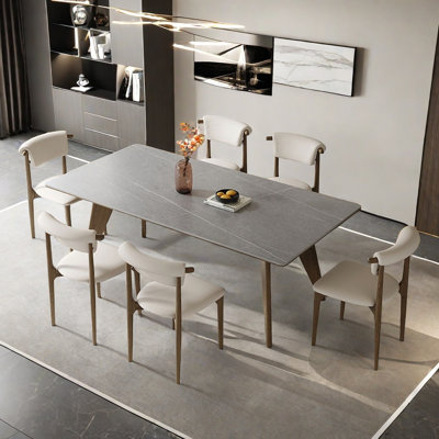 Rectangular solid wood rock slab dining table set