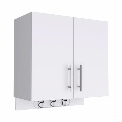 Wall Cabinet 27" H, Three Broom Hangers And Metal Handles, Two Internal Shelves, Two Doors