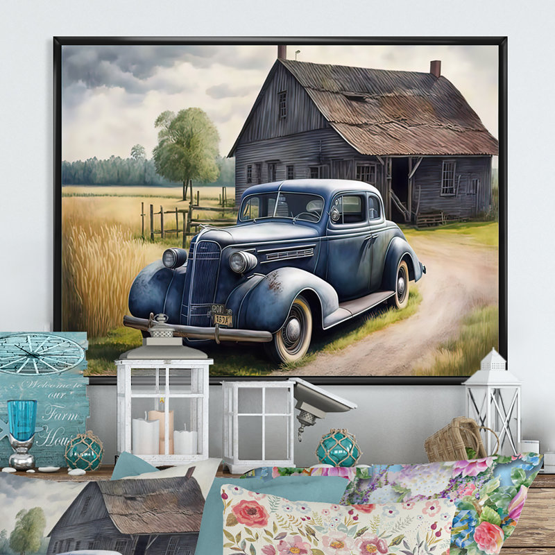 «Old Blue Car at the Barn», reproduction sur toile, H 24 po x l 32 po x P 1 po, Cadre flottant noir