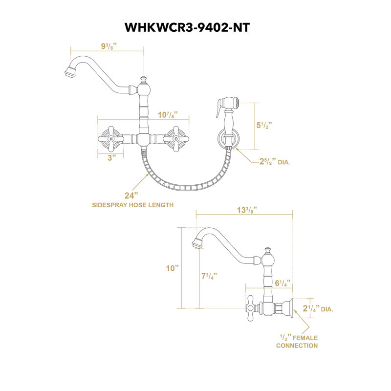 Whitehaus Wall Mount Faucet with Long Traditional Swivel Spout and Solid Brass Side Spray, Oil Rubbed Bronze, Cross