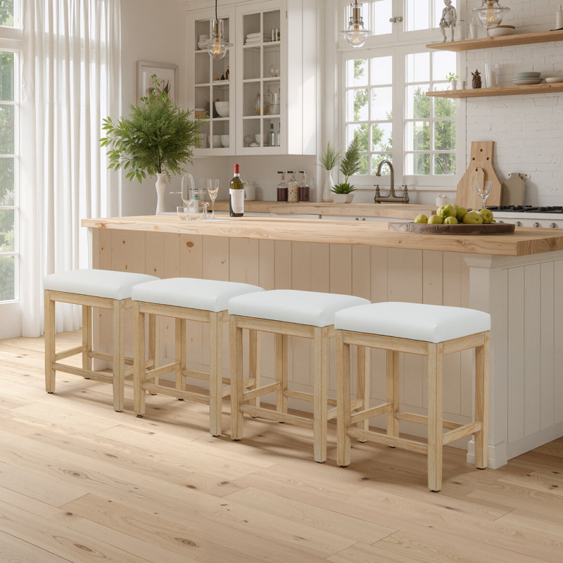 24 Inch Upholstered Faux Leather Soft Cushion Wooden Kitchen Island Counter Height Barstools, White Leather/Wood Frame