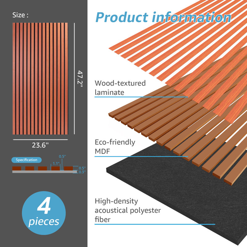 4Pièces de 23,6 po x 47,24 po à lambris d'aspect bois, panneaux muraux insonorisés 3D (31 pieds carrés / caisse), Cerisier