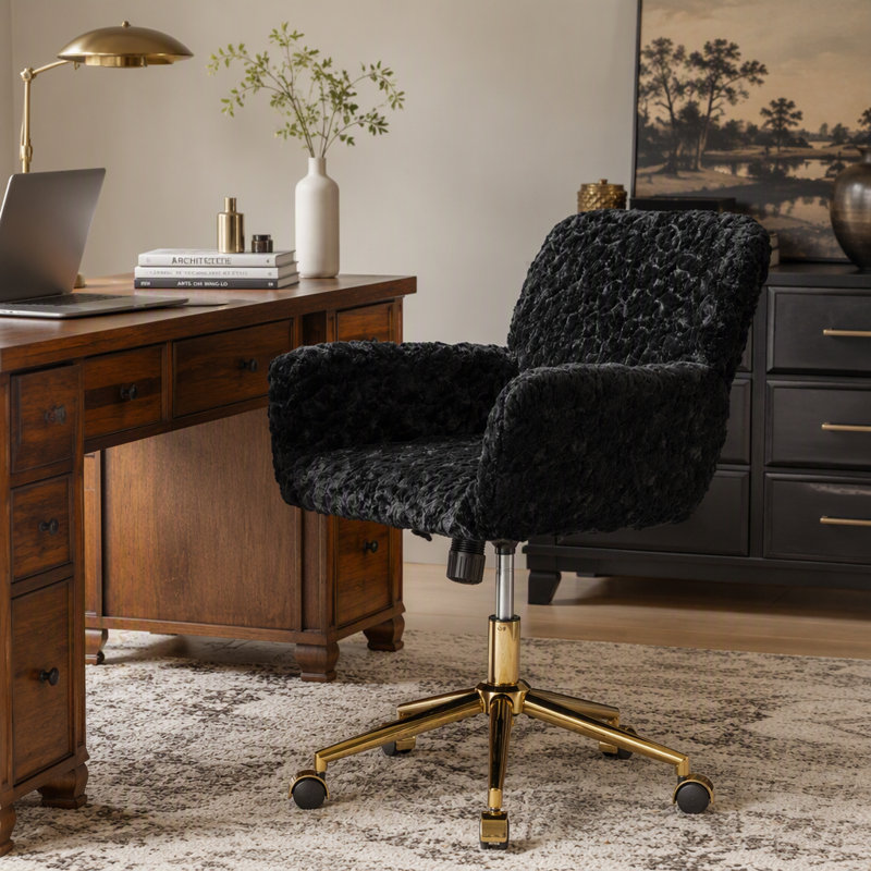 Office Chair,Artificial Rabbit Hair Home Office Chair Adjustable Desk Chair Swivel Office Chair,Vanity Chair, Black