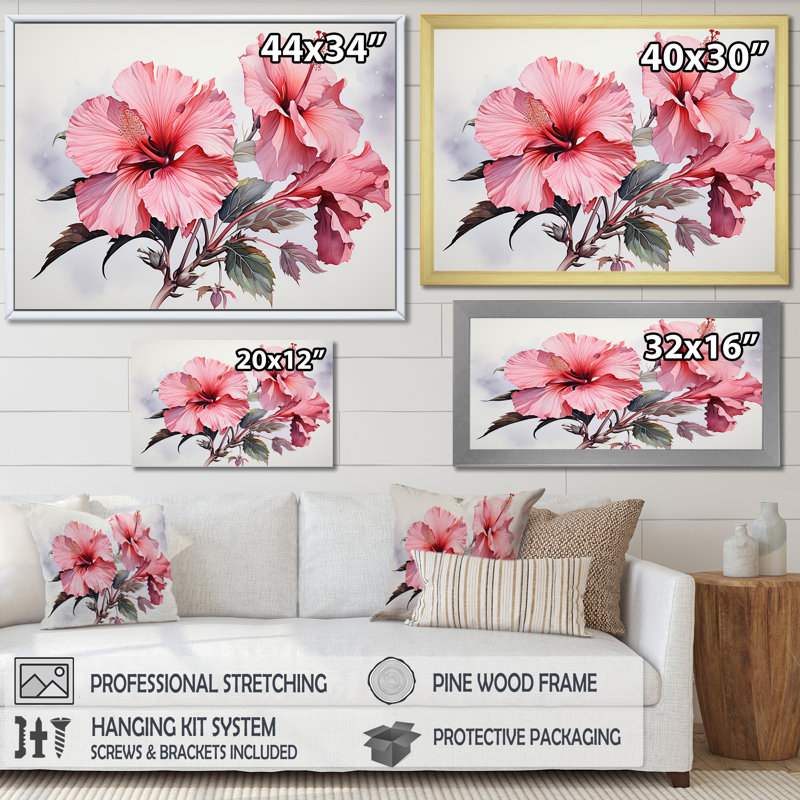 Hibiscus rose, Cadre flottant blanc, H 12 po x l 20 po x P 1 po