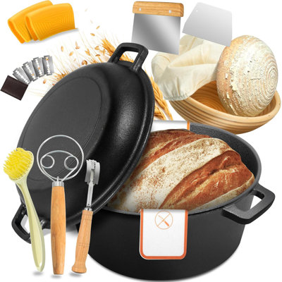 5QT Pre‑Seasoned Cast Iron 2‑in‑1 Dutch Oven with Complete Sourdough Baking Kit & Convertible Skillet Lid