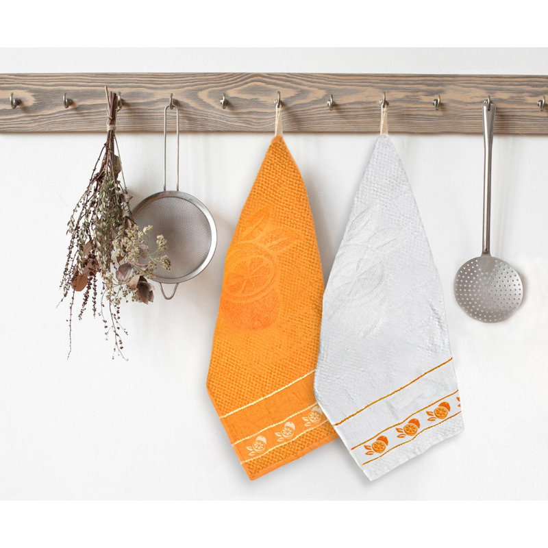 Ensemble de 2 serviettes de cuisine en jacquard blanc-jaune, Blanc / orange