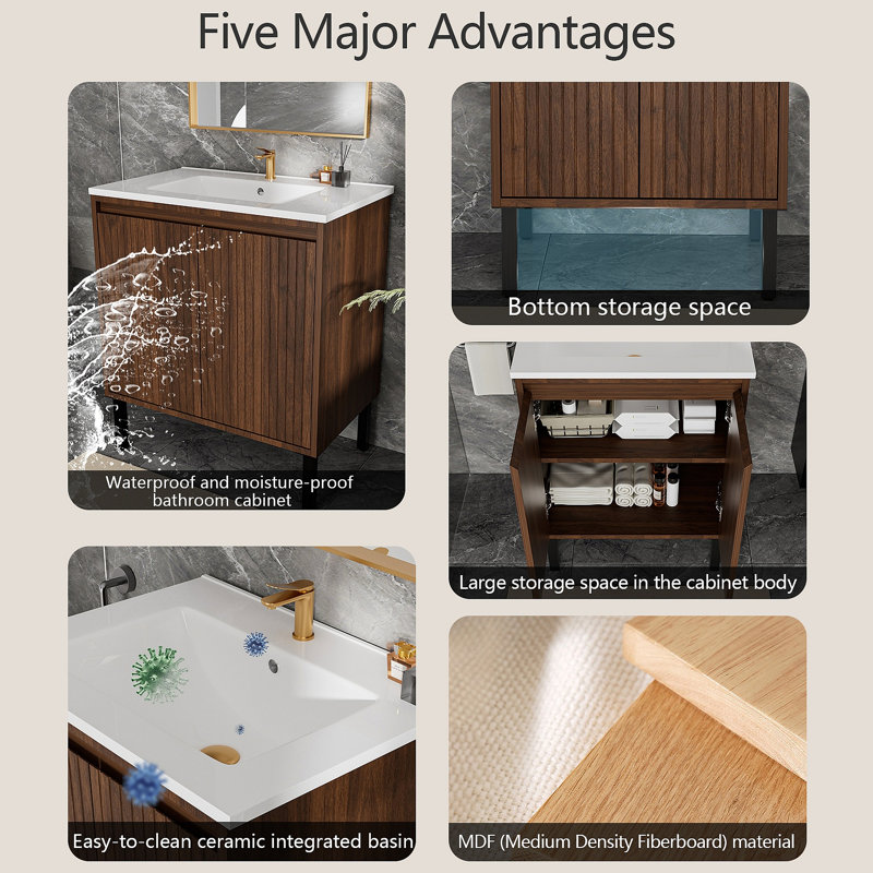 Meuble-lavabo de salle de bain avec lavabo, structure sur pied pour la stabilité, tiroirs à fermeture douce pour un fonctionnement silencieux, pour l'esthétique moderne (lavabo)