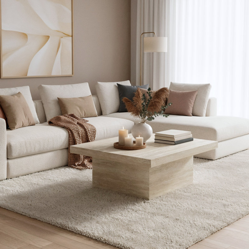 Caomhan Block Coffee Table, Travertin, 16.1" H x 35.4" L x 35.4" W