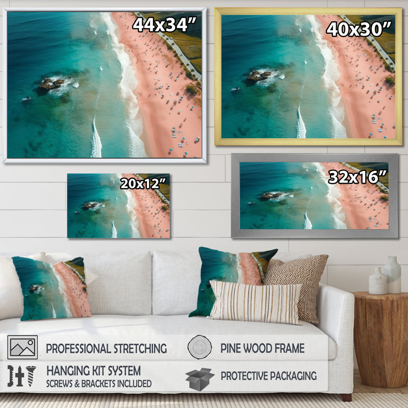 Vue aérienne de la plage bleue et rose III - plage et océan, art mural, Cadre flottant brun, H 12 po x l 20 po x P 1 po