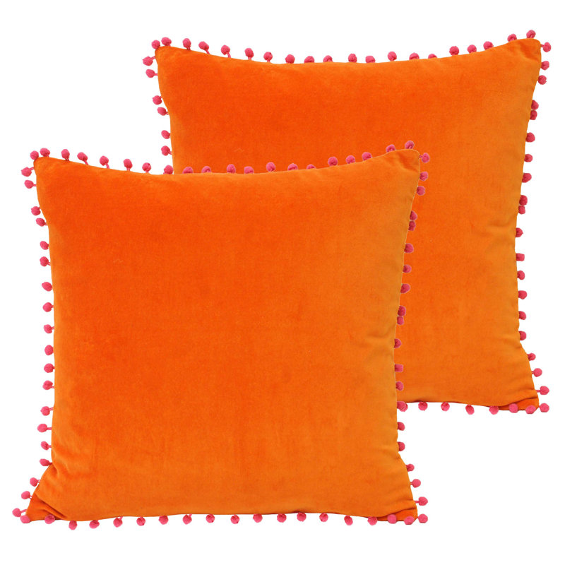 Velvet Pom Pom Cushion Twin Pack, Feathers, Orange/Fuchsia
