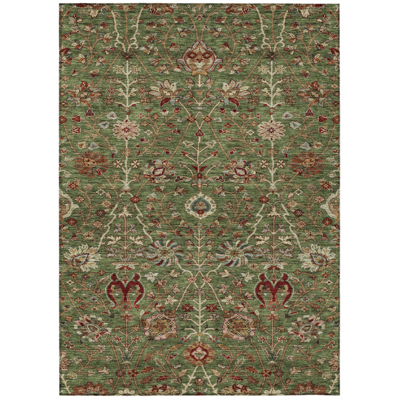 Green and Red Floral Synthetic Washable 5' x 7' Area Rug