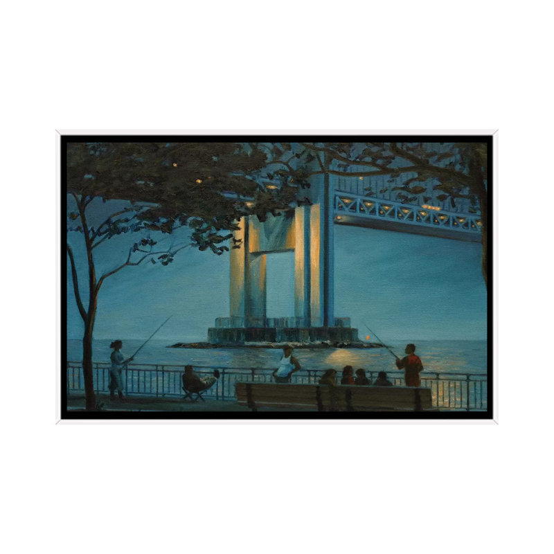 Verrazano Bridge At Dusk by Nick Savides - Painting on Canvas, 101.6 cm H x 66.04 cm W, White Framed