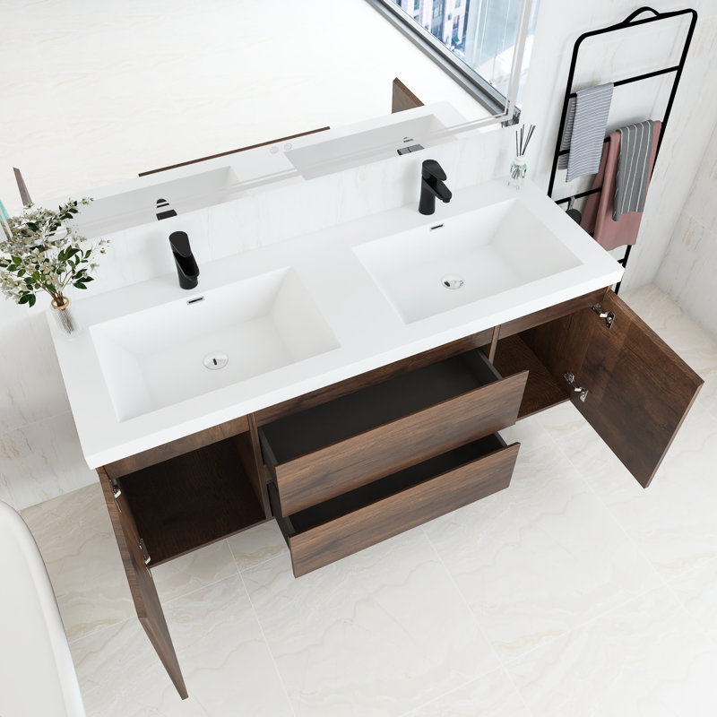 Meuble-lavabo mural 60 po avec plateau en résine Diamantino, Palissandre