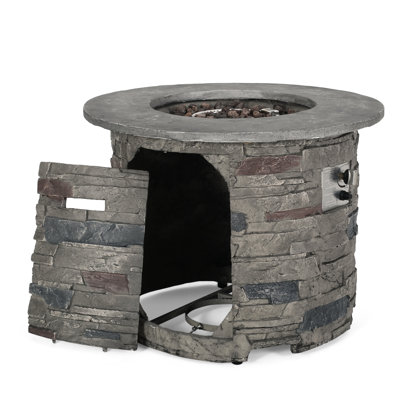 Outdoor 32" Fireplace, 40000 Propane. Grey Top For Patio Relaxation. Modern Style. Lightweight Concrete. Versatile Heater Round Propane Fire Pit, Construction. 40k , Top. Garden. Heating Solution