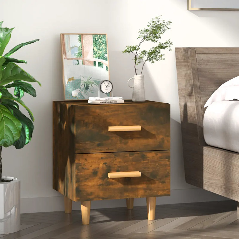 Jahlen 40cm W Solid + Manufactured Wood Bedside Table, Smoked Oak, 1