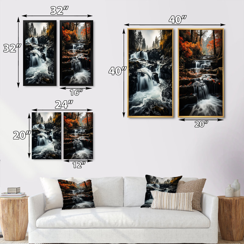 «Waterfall Dancing Cascades», 2 pièces sur toile, Cadre noir, H 32 po x l 32 po