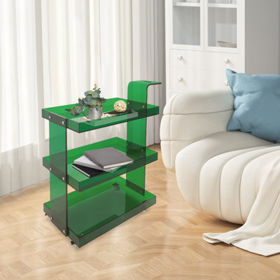 Chariot de rangement mobile à 3 niveaux rectangulaire en acrylique mobile sur pied avec 4 roues de frein - vert