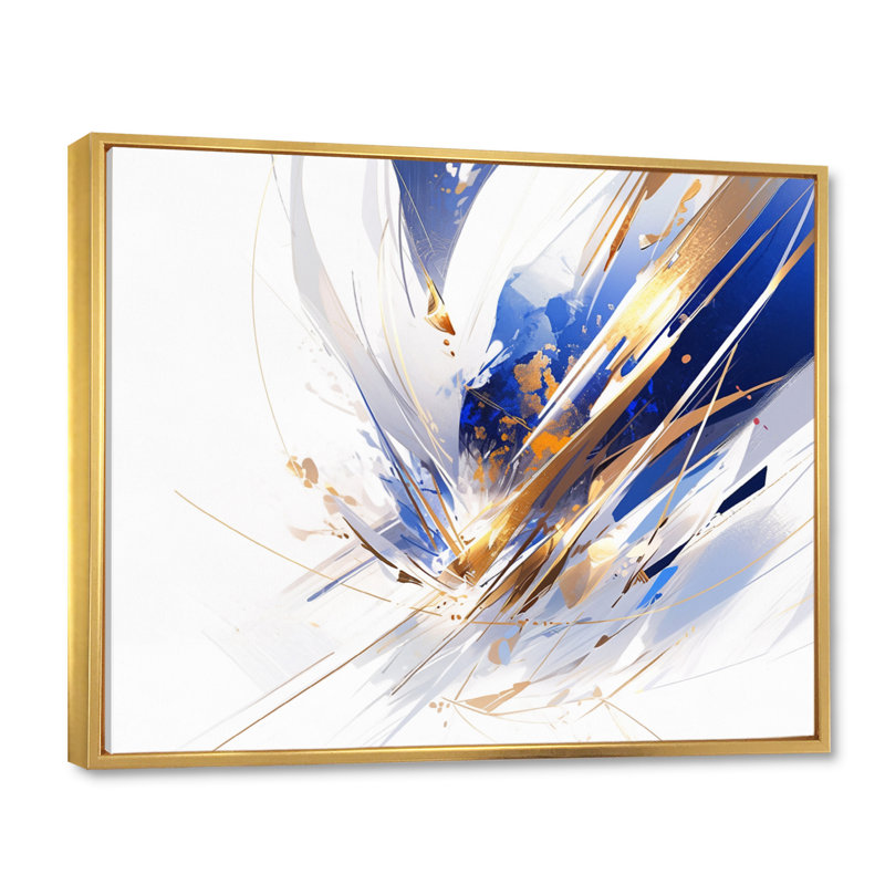 «Blue Gold Cubist Kaleidoscope I», reproduction sur toile, Cadre flottant doré, H 16 po x l 32 po x P 1 po