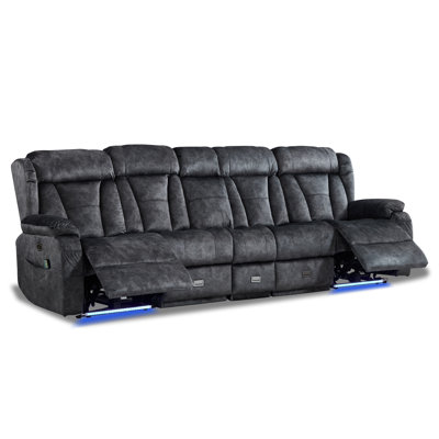 Power Loveseat Recliner Sofa with Flip Backrest,4 Seater Recliner Couch with Heat and Massage, Zero Wall Hugger Reclining Sofa with LED Light AC Outlets USB Ports for Living Room Home Theater
