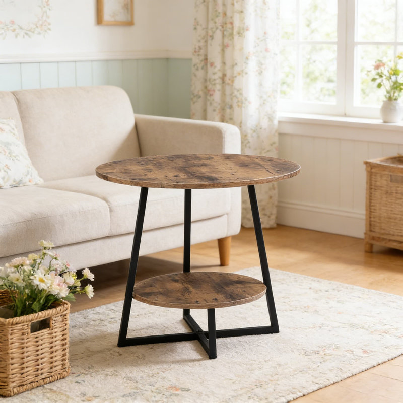 Round End Table With Storage Shelf For Small Spaces, 2-Tier Side Table For Living Room, Bedroom, Office, And Balcony, Rustic Design