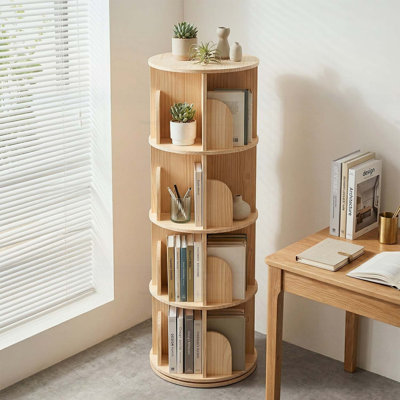 Bibliothèque rotative à 4 niveaux, bibliothèque sur pied ronde avec rangement pivotant à 360 °, étagère en bois pour livres, décorations et jouets, naturel
